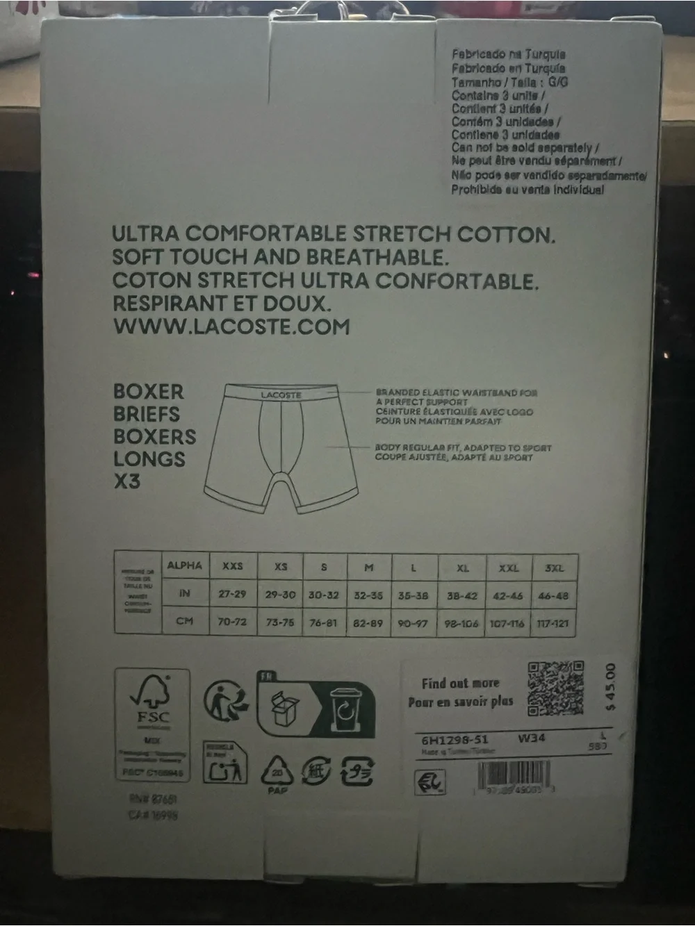Lacoste Men’s Cotton Stretch Boxer Briefs - White/Black/Red Size Large